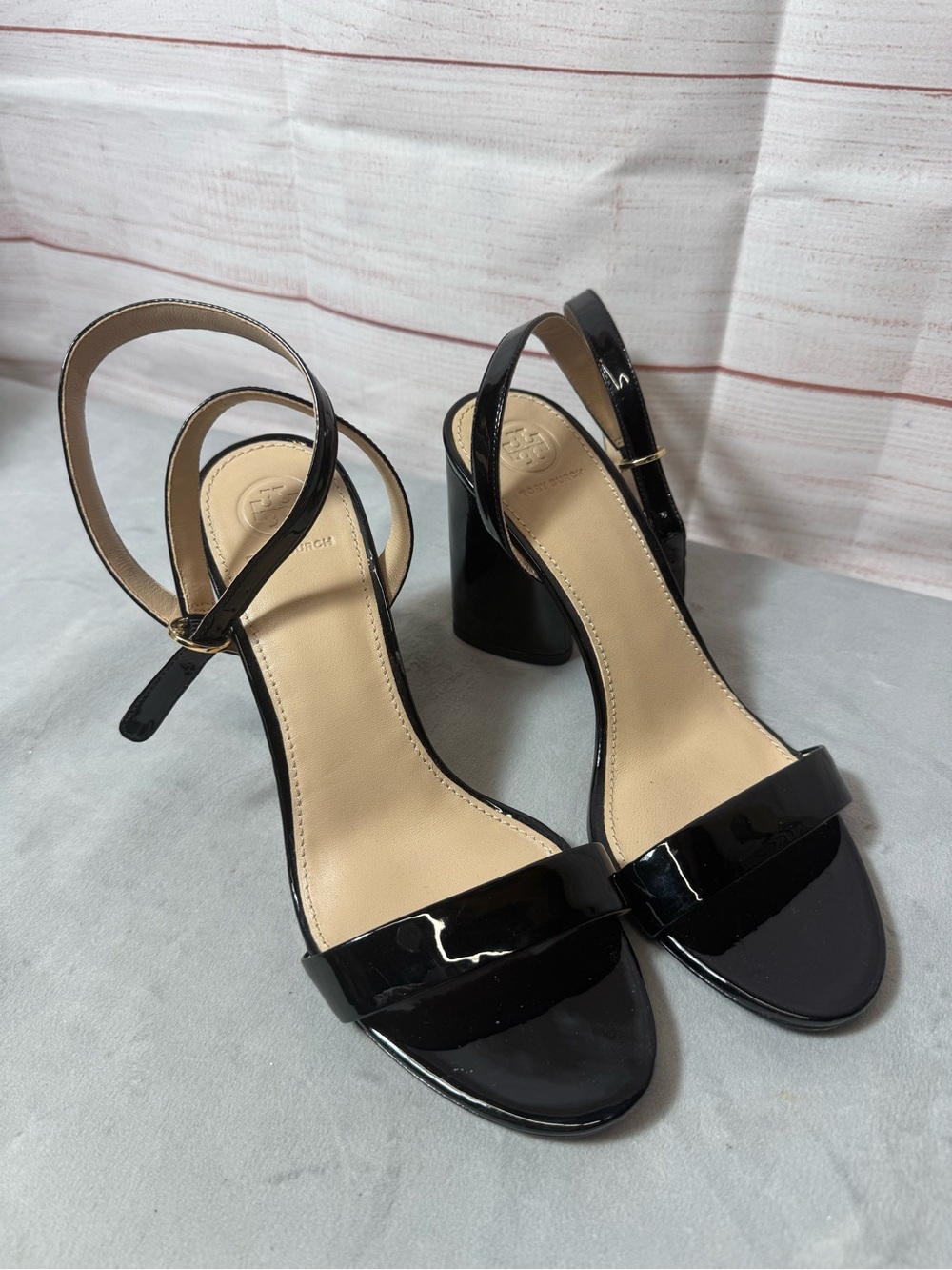 Tory Burch Black Patent Block Heel Sandals